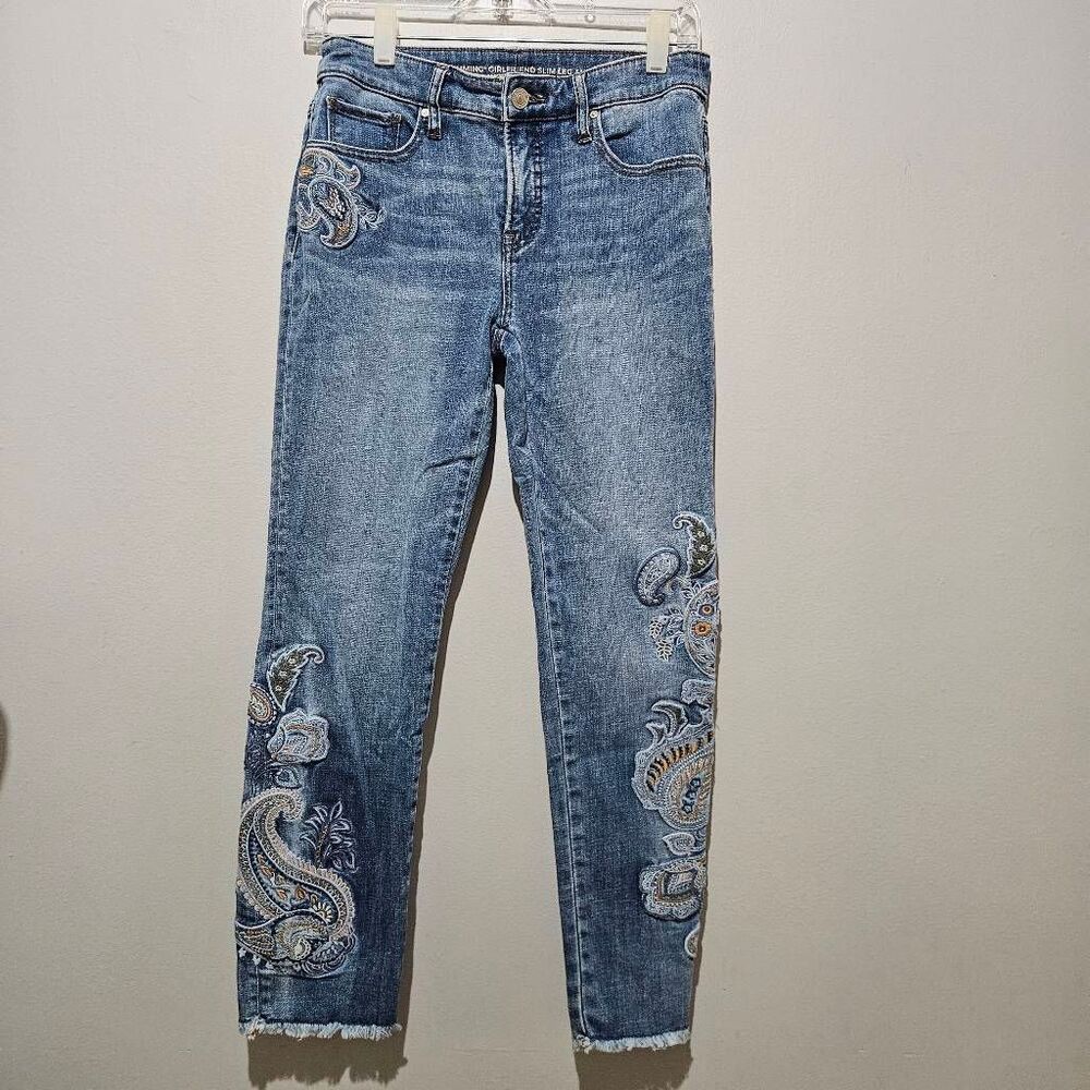 Chico's So Slimming Girlfriend Ankle Jeans featuring intricate paisley and flora